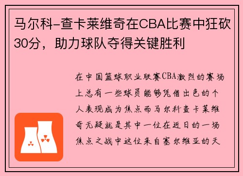 马尔科-查卡莱维奇在CBA比赛中狂砍30分，助力球队夺得关键胜利