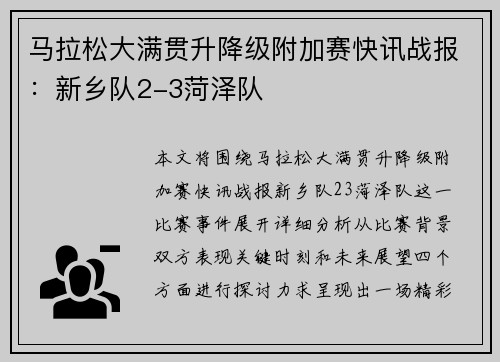 马拉松大满贯升降级附加赛快讯战报：新乡队2-3菏泽队